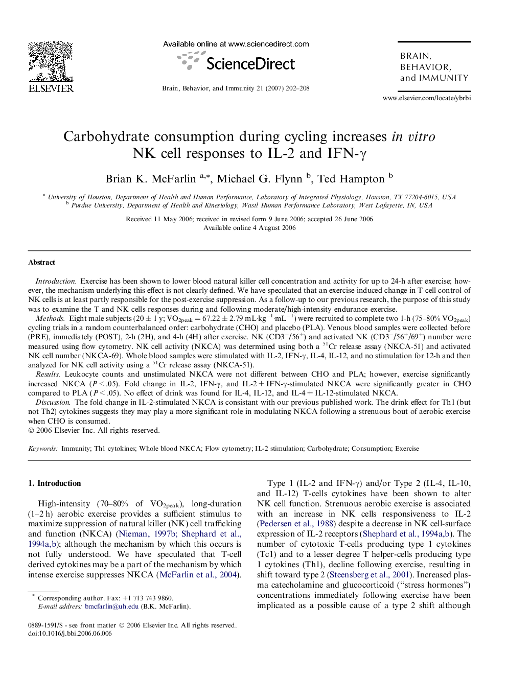 Carbohydrate consumption during cycling increases in vitro NK cell responses to IL-2 and IFN-γ