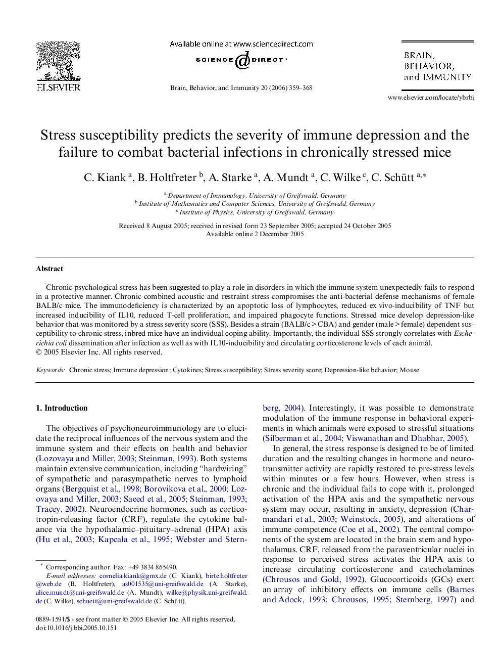 Stress susceptibility predicts the severity of immune depression and the failure to combat bacterial infections in chronically stressed mice