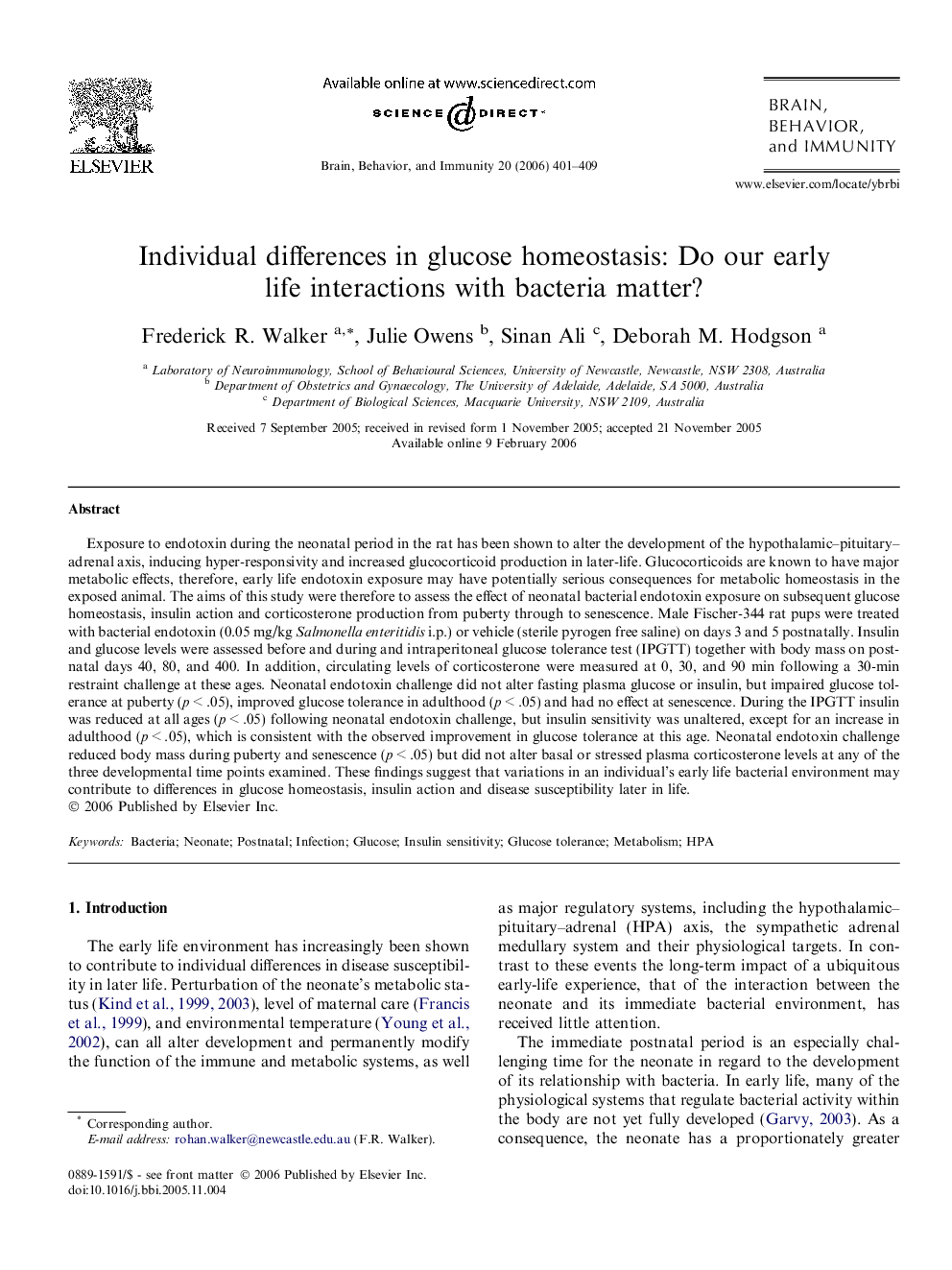 Individual differences in glucose homeostasis: Do our early life interactions with bacteria matter?