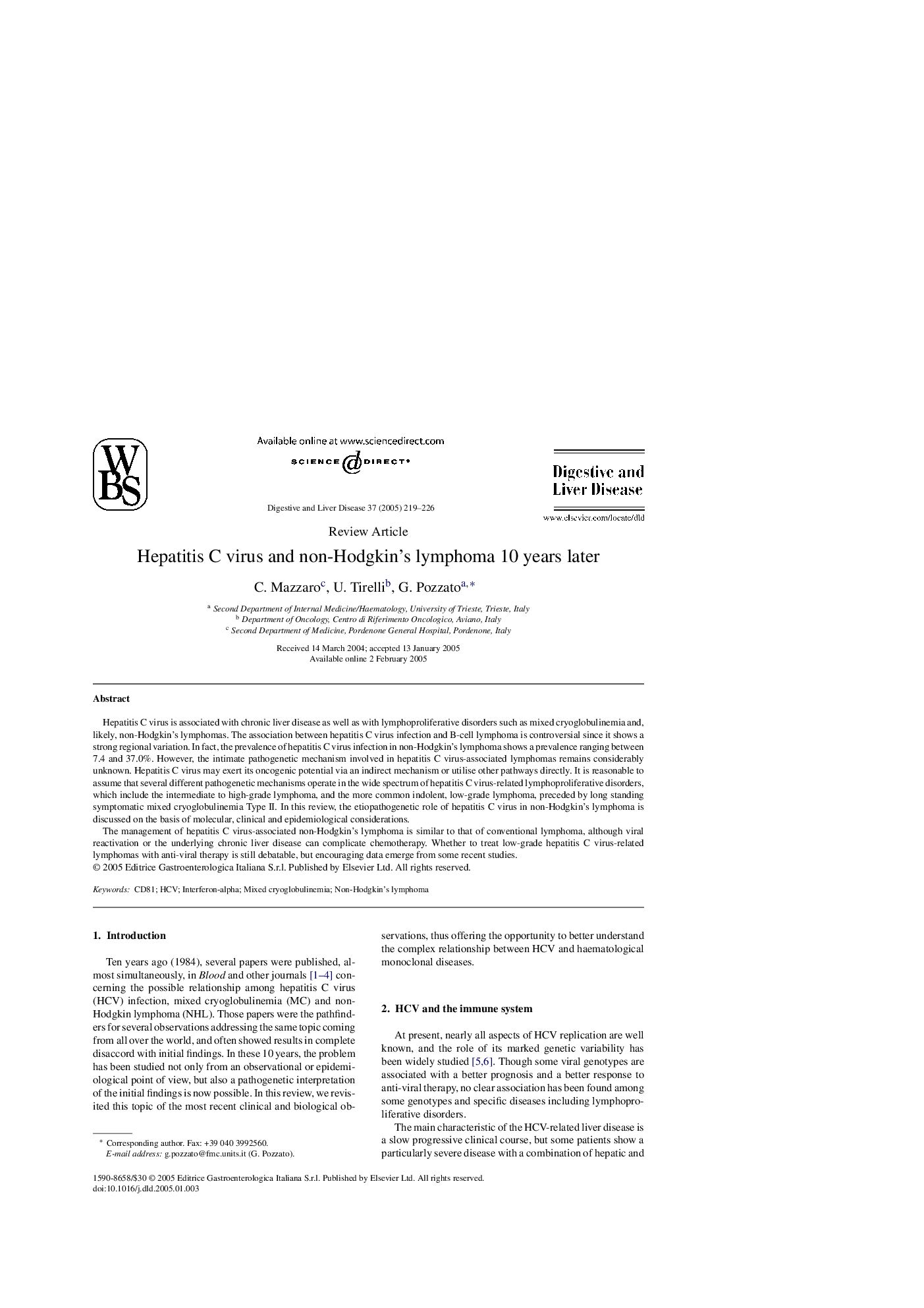 Hepatitis C virus and non-Hodgkin's lymphoma 10 years later