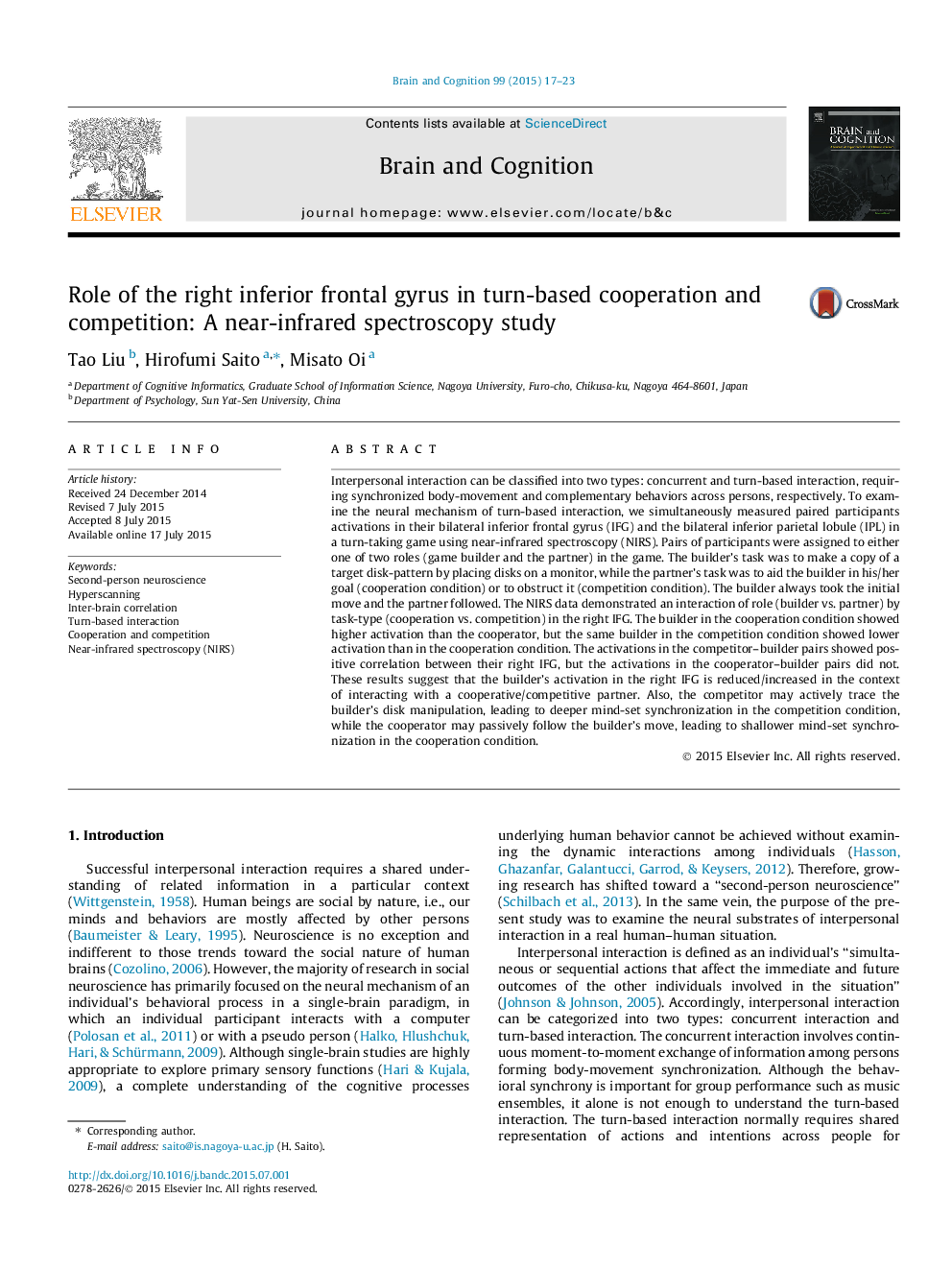 Role of the right inferior frontal gyrus in turn-based cooperation and competition: A near-infrared spectroscopy study