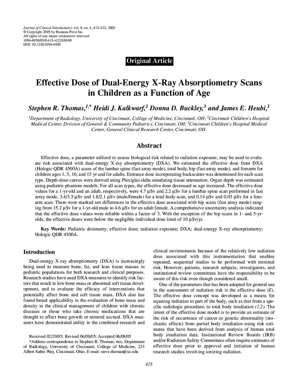 Effective Dose of Dual-Energy X-Ray Absorptiometry Scans in Children as a Function of Age