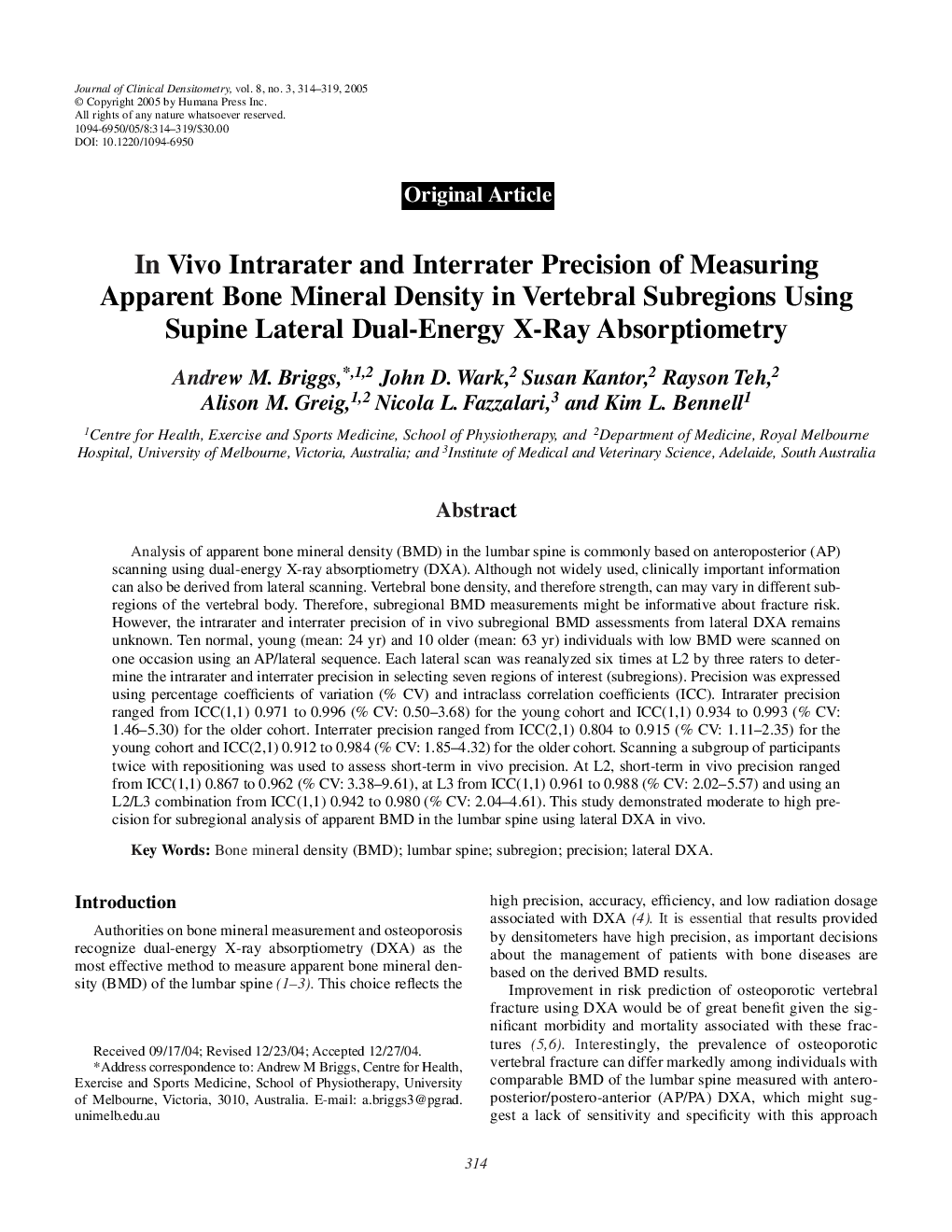 In Vivo Intrarater and Interrater Precision of Measuring Apparent Bone Mineral Density in Vertebral Subregions Using Supine Lateral Dual-Energy X-Ray Absorptiometry