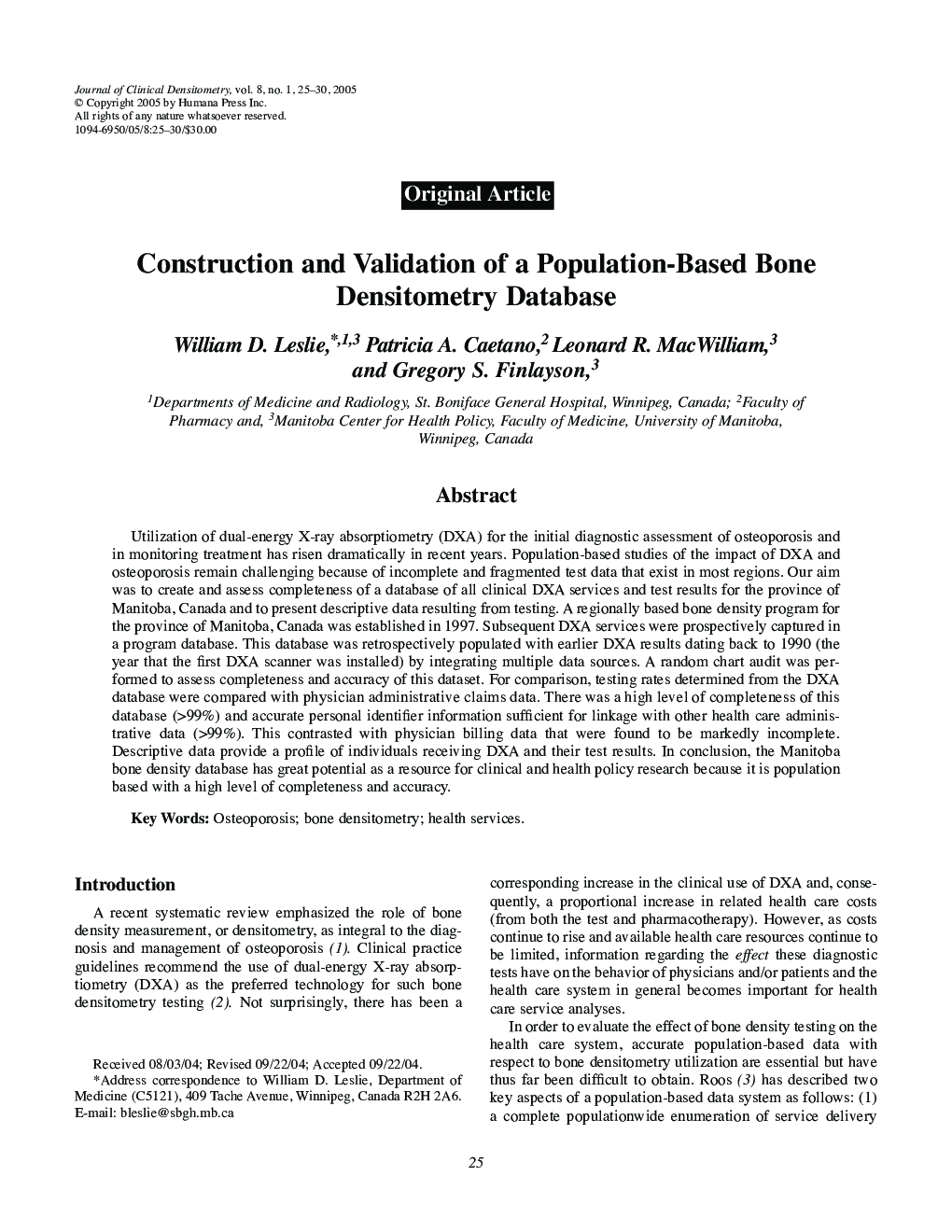 Construction and Validation of a Population-Based Bone Densitometry Database