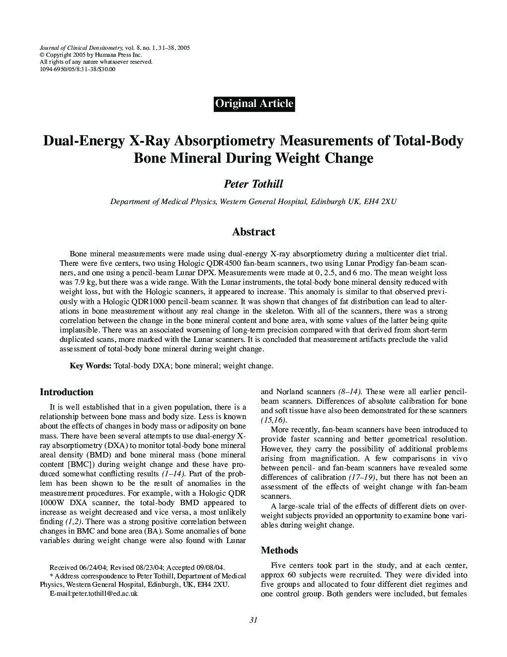 Dual-Energy X-Ray Absorptiometry Measurements of Total-Body Bone Mineral During Weight Change