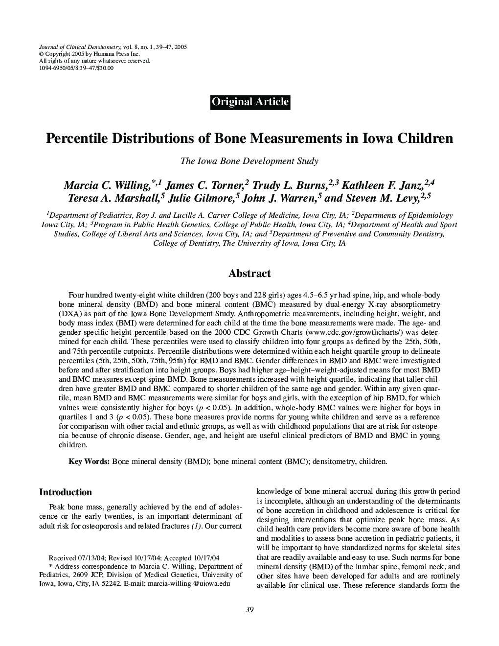 Percentile Distributions of Bone Measurements in Iowa Children