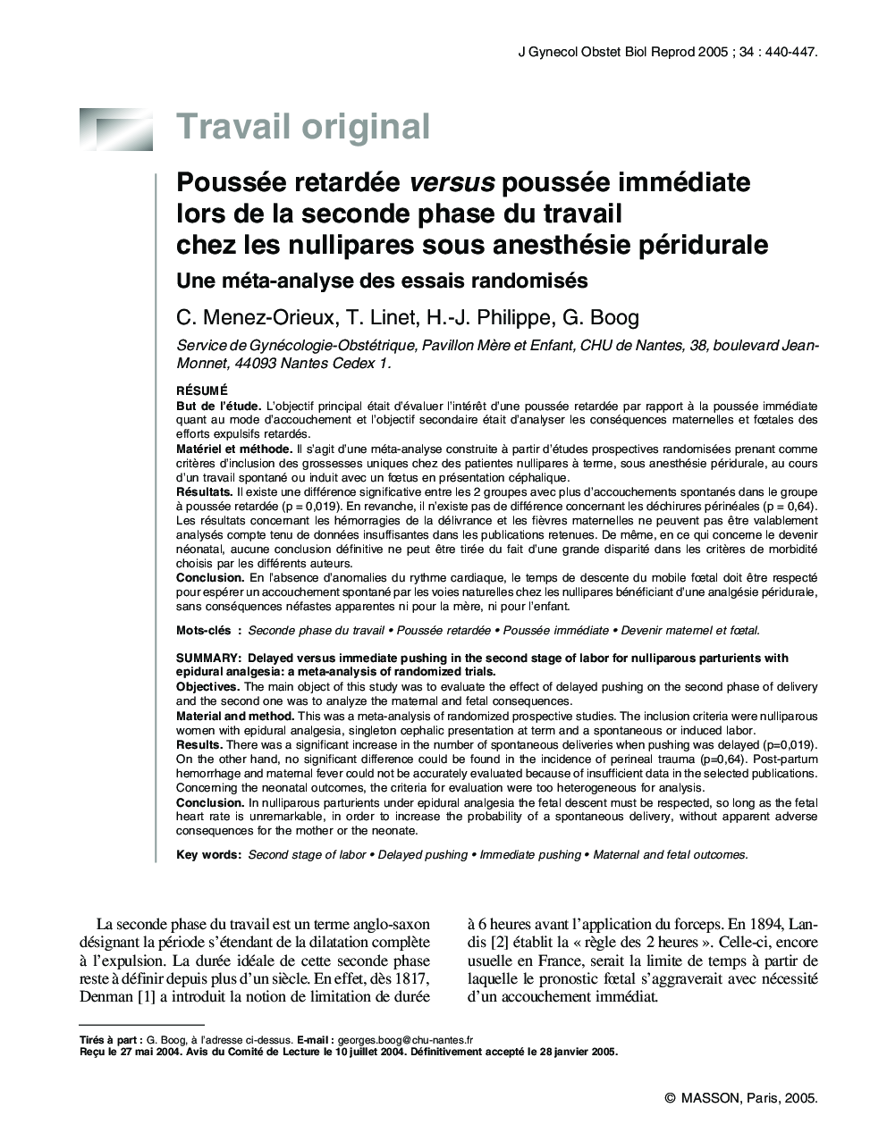 Poussée retardée versus poussée immédiate lors de la seconde phase du travail chez les nullipares sous anesthésie péridurale