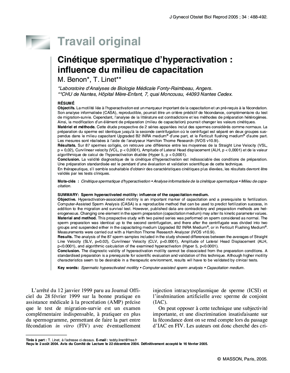 Cinétique spermatique d'hyperactivation : influence du milieu de capacitation