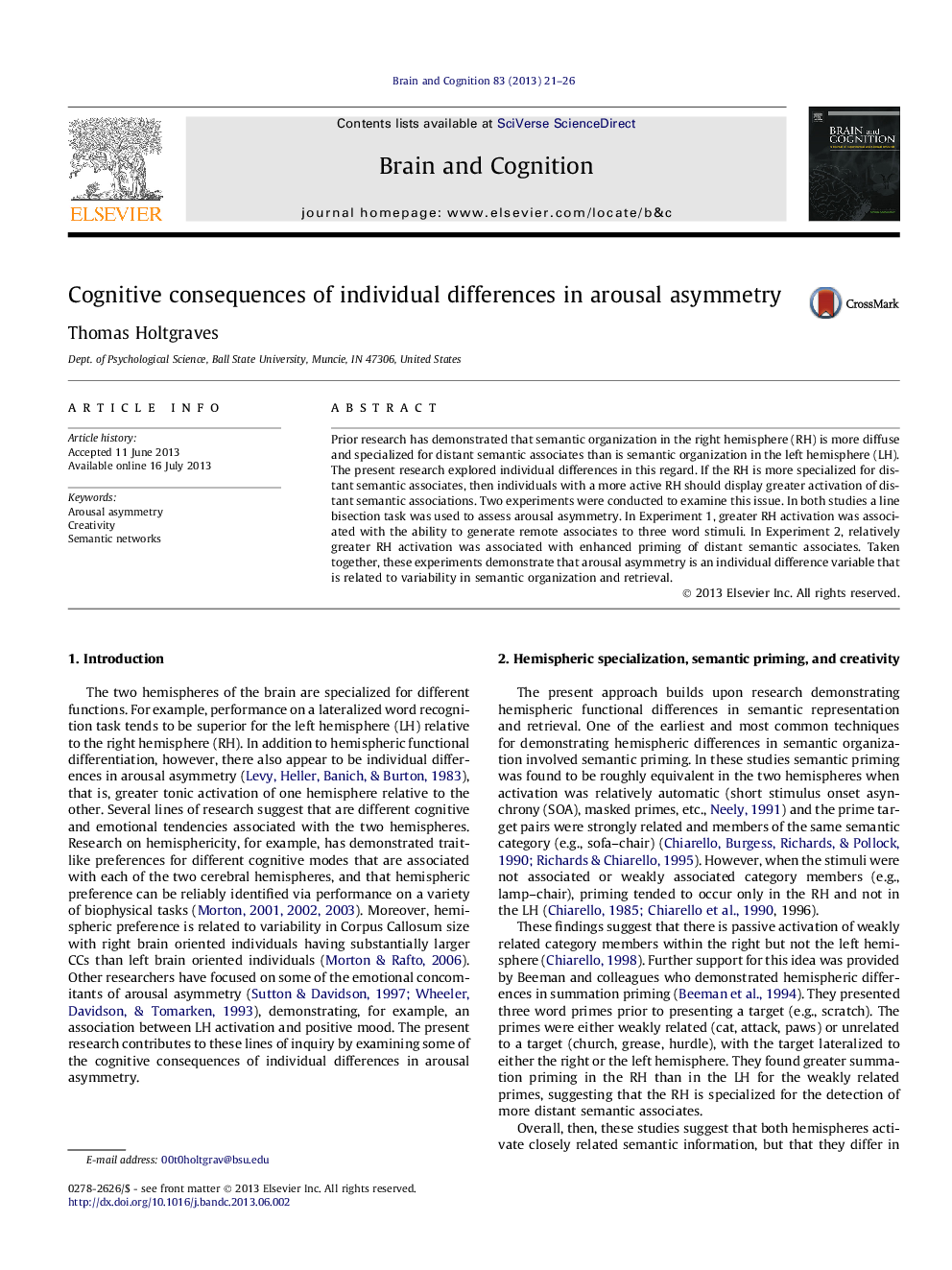 Cognitive consequences of individual differences in arousal asymmetry