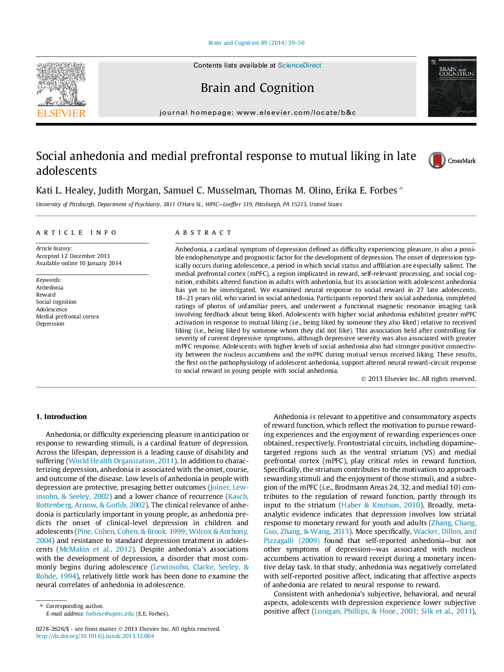 Social anhedonia and medial prefrontal response to mutual liking in late adolescents