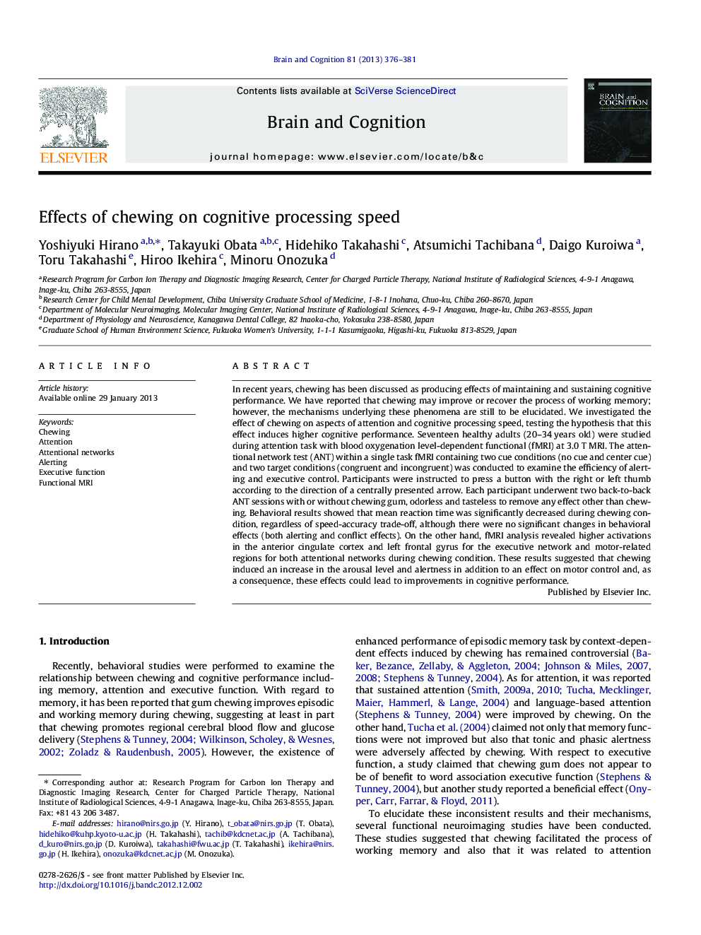 Effects of chewing on cognitive processing speed