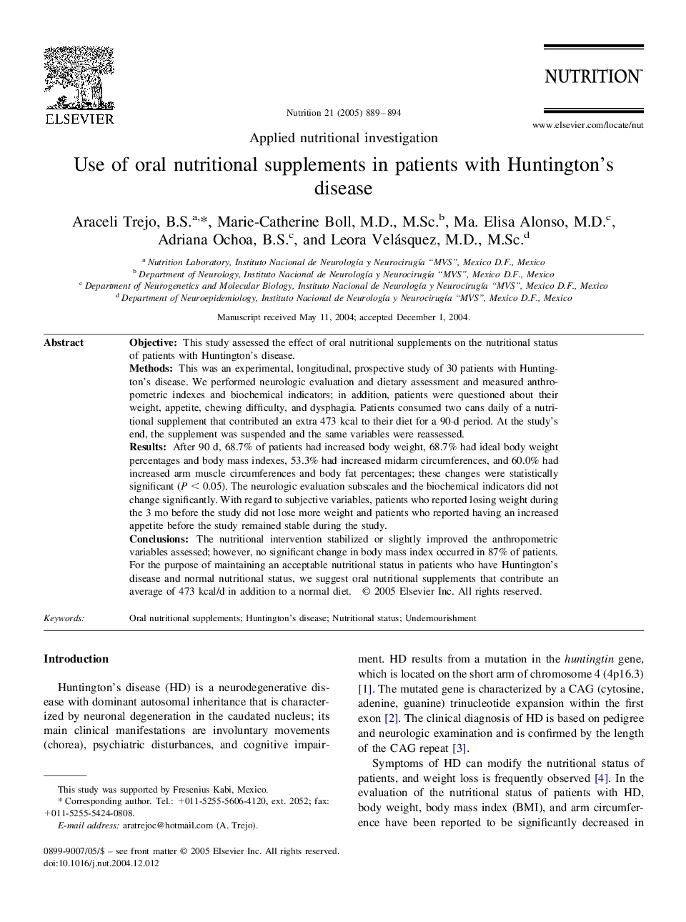 عکس صفحه اول مقاله: Use of oral nutritional supplements in patients with Huntington's disease Use of oral nutritional supplements in patients with Huntington's disease