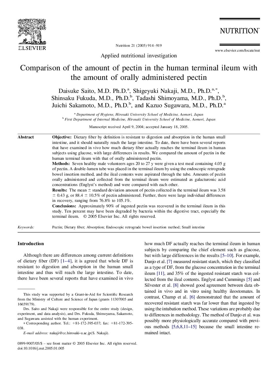 Comparison of the amount of pectin in the human terminal ileum with the amount of orally administered pectin