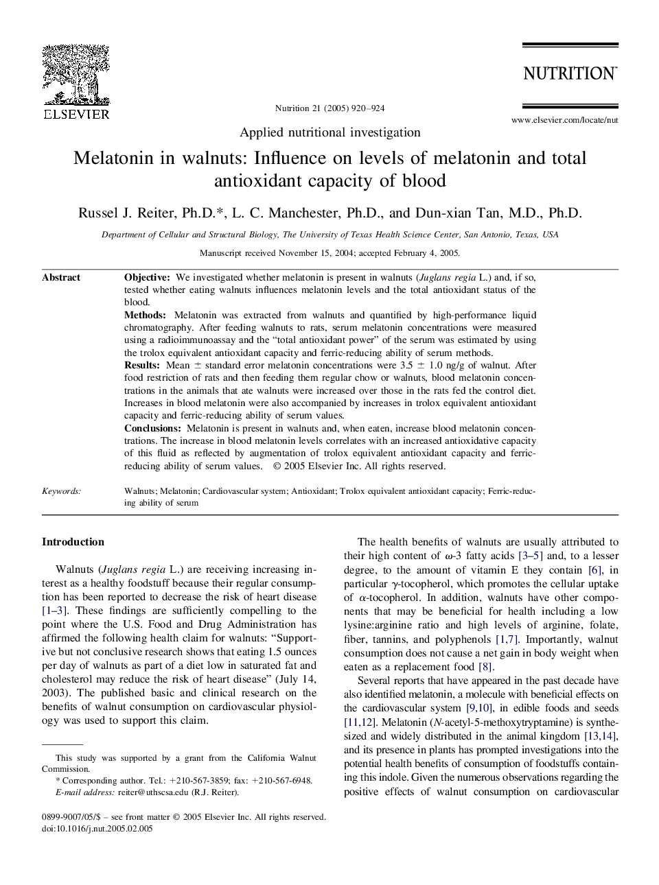 Melatonin in walnuts: Influence on levels of melatonin and total antioxidant capacity of blood