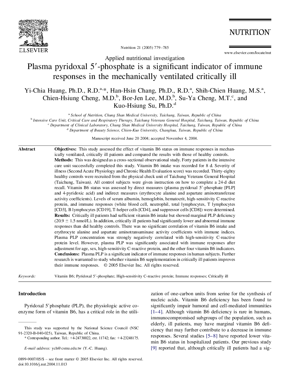 Plasma pyridoxal 5â²-phosphate is a significant indicator of immune responses in the mechanically ventilated critically ill