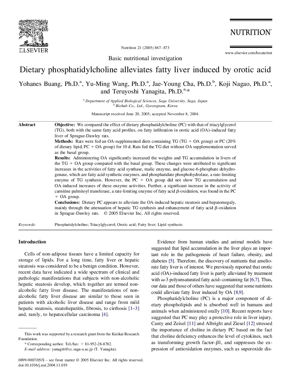 Dietary phosphatidylcholine alleviates fatty liver induced by orotic acid