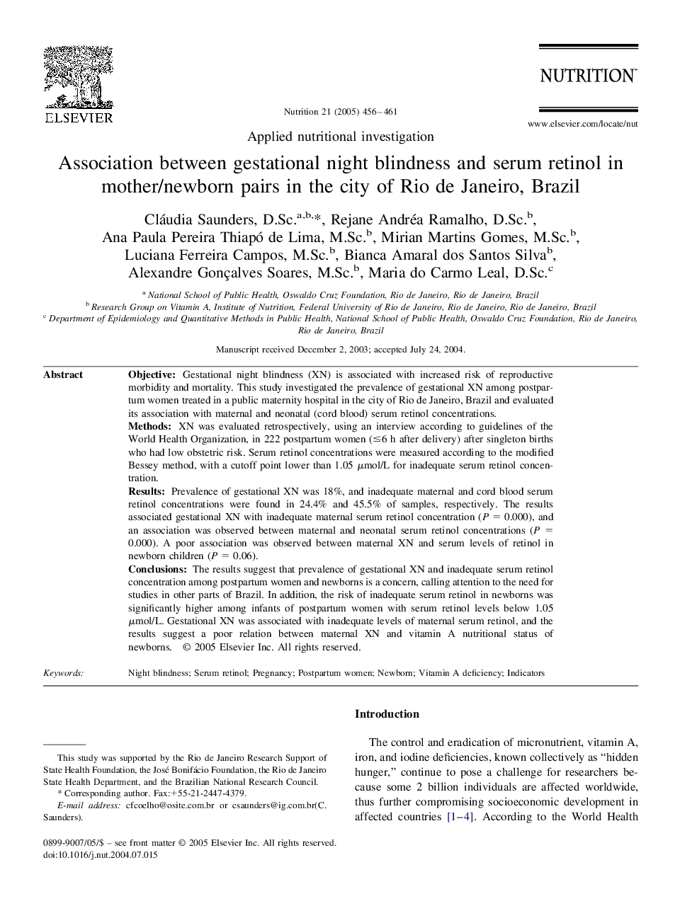 Association between gestational night blindness and serum retinol in mother/newborn pairs in the city of Rio de Janeiro, Brazil