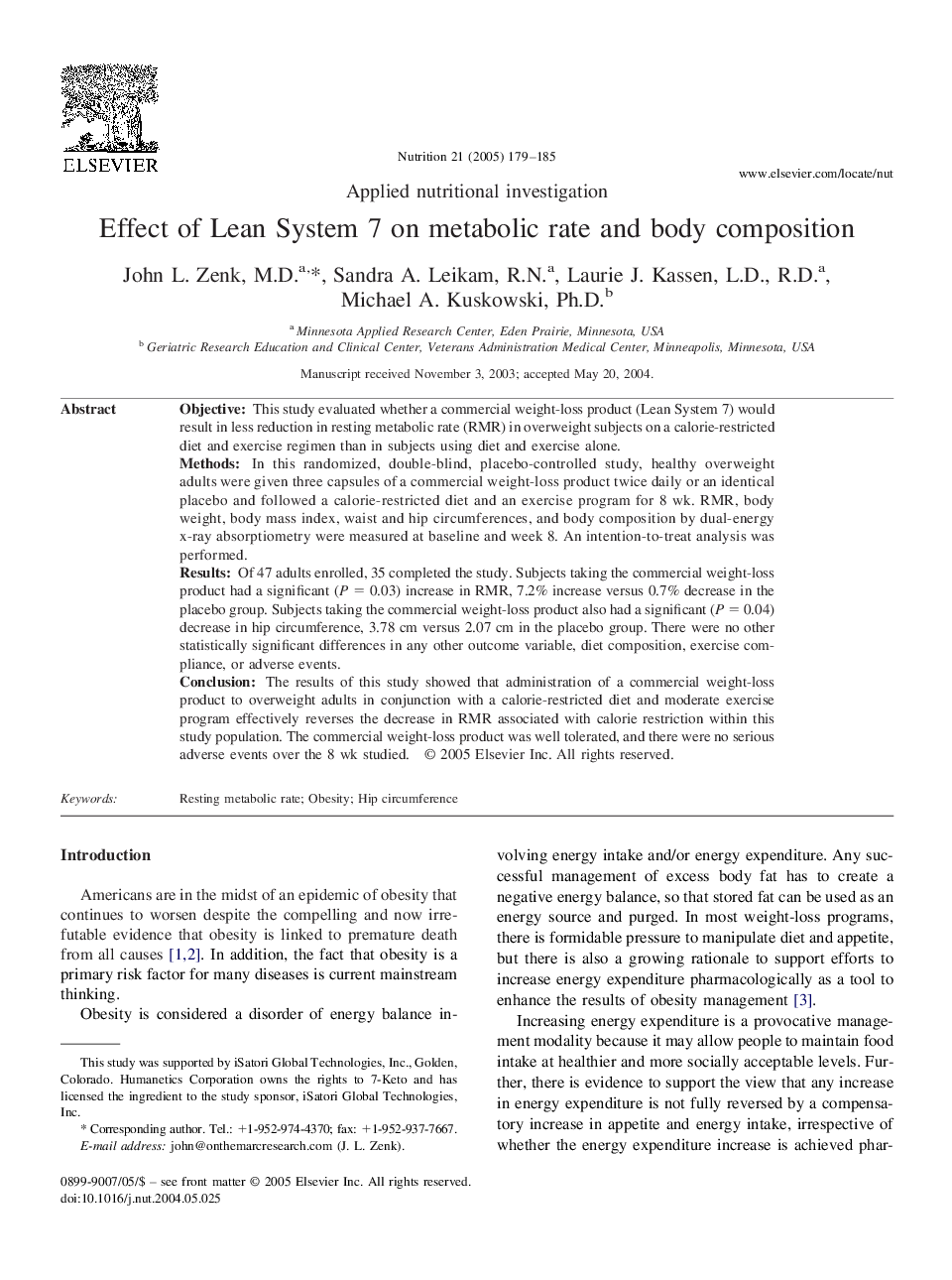 Effect of lean system 7 on metabolic rate and body composition