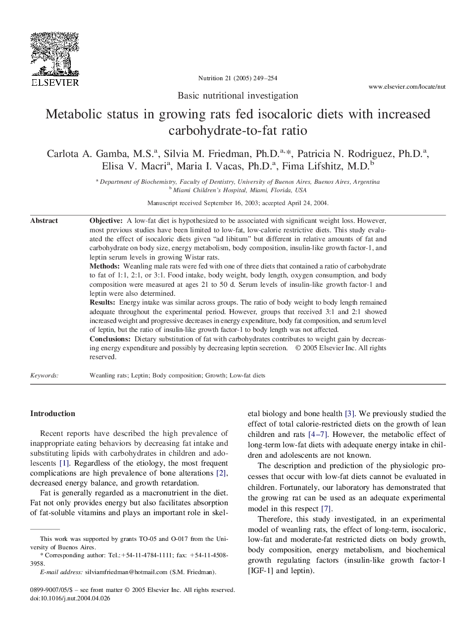 Metabolic status in growing rats fed isocaloric diets with increased carbohydrate-to-fat ratio