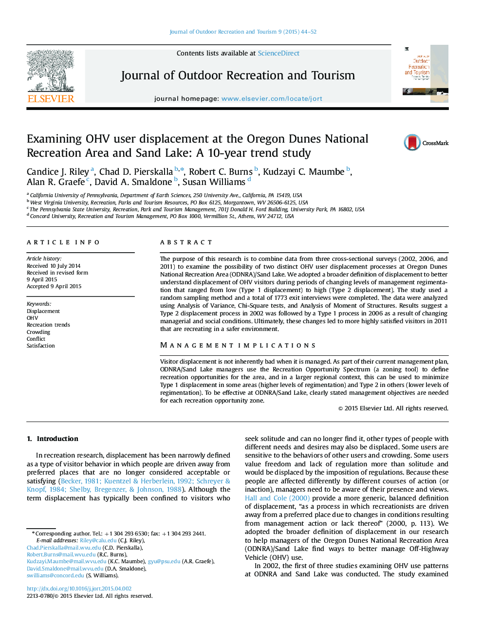 Examining OHV user displacement at the Oregon Dunes National Recreation Area and Sand Lake: A 10-year trend study