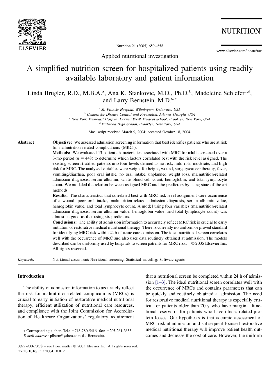 A simplified nutrition screen for hospitalized patients using readily available laboratory and patient information