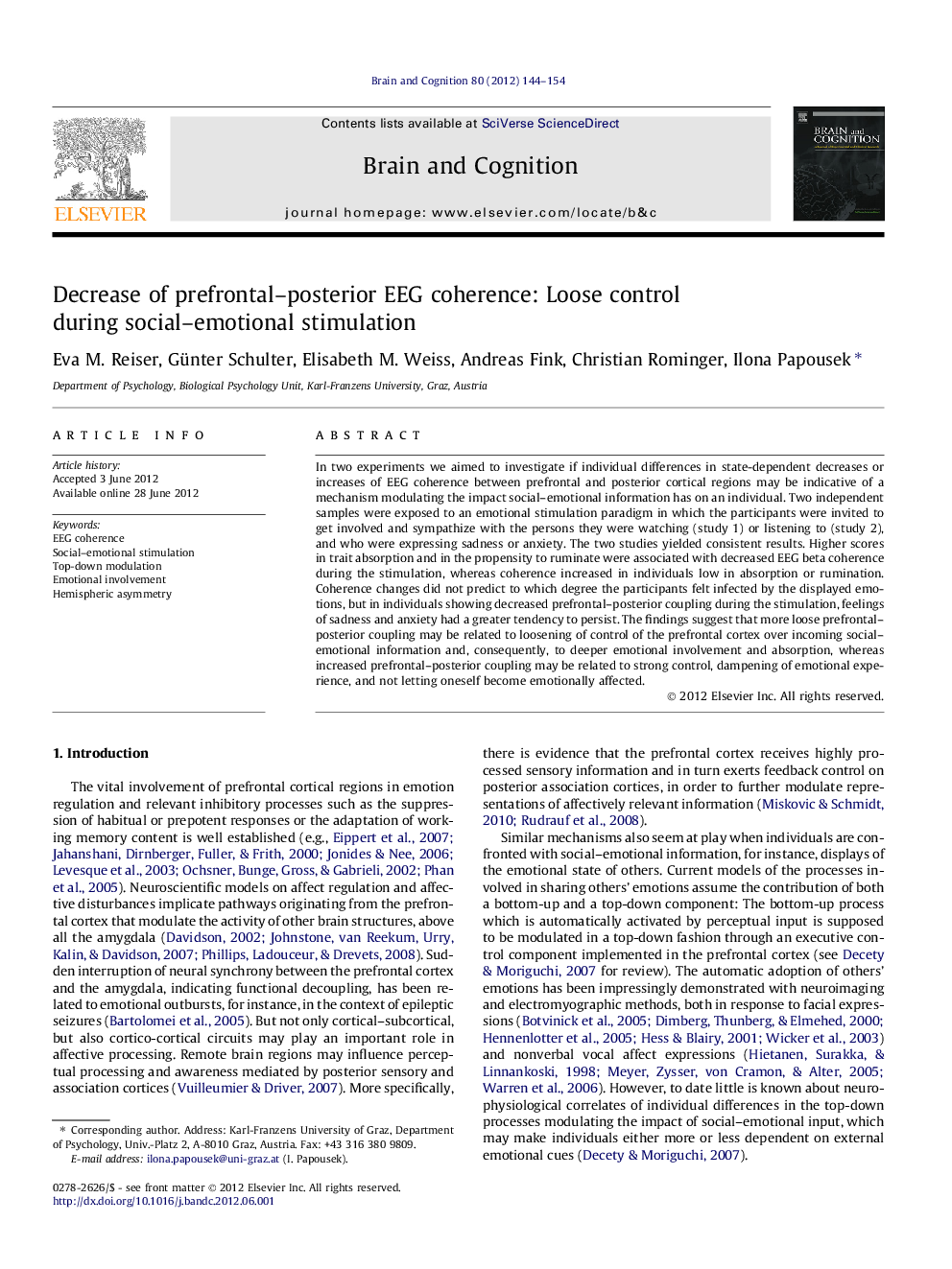 Decrease of prefrontal–posterior EEG coherence: Loose control during social–emotional stimulation