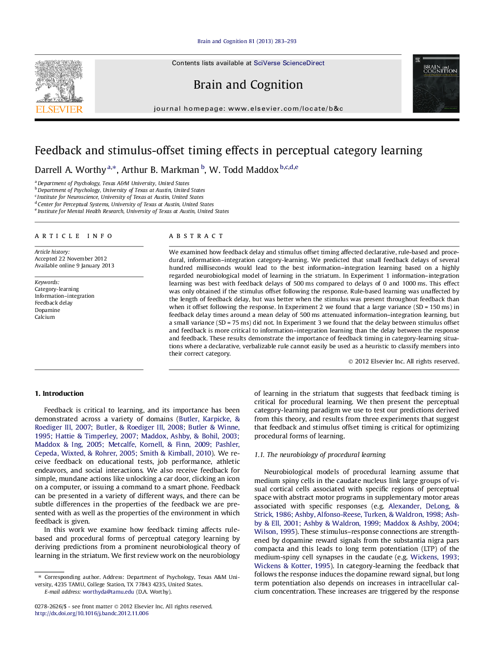 Feedback and stimulus-offset timing effects in perceptual category learning