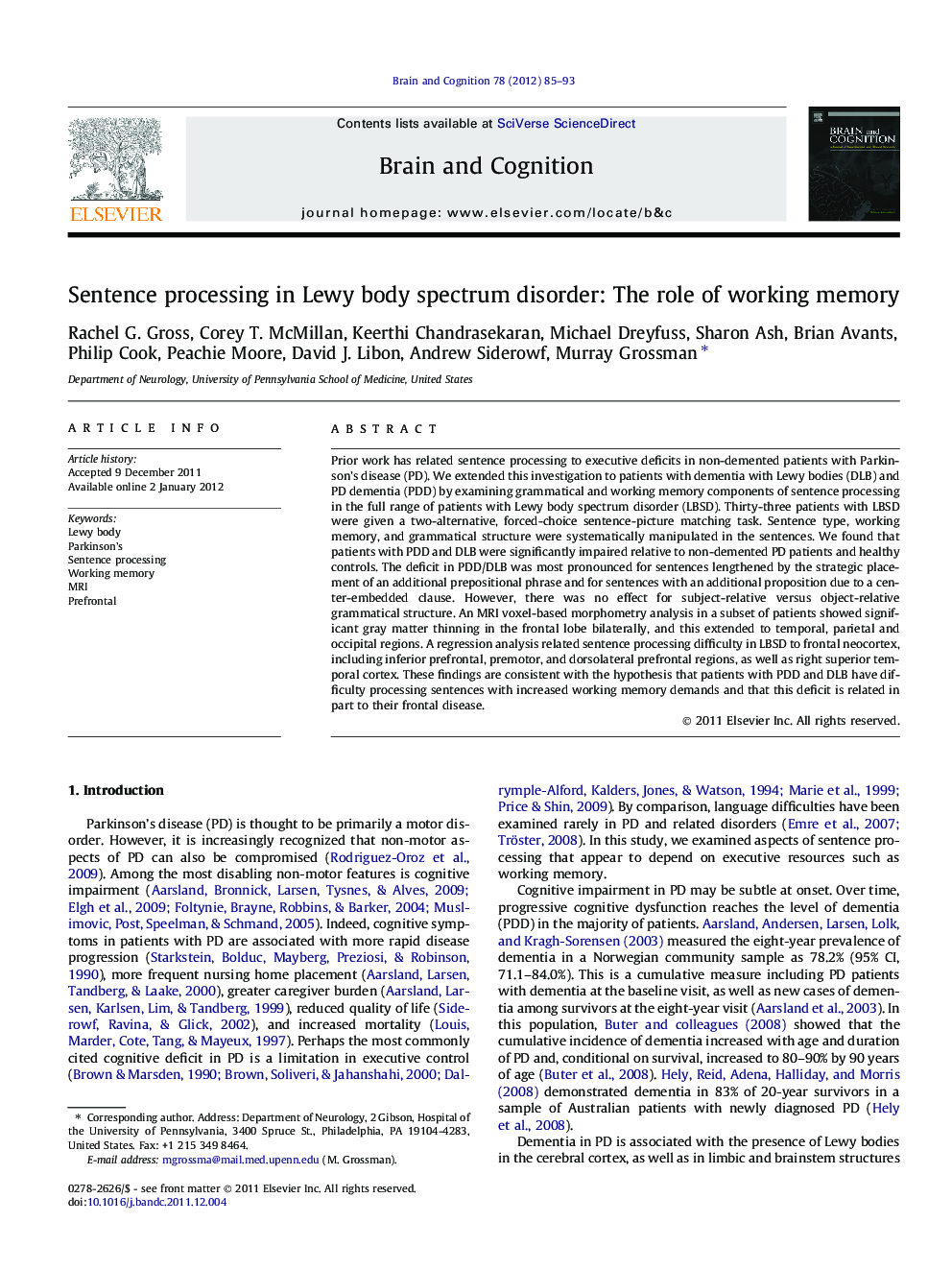 Sentence processing in Lewy body spectrum disorder: The role of working memory