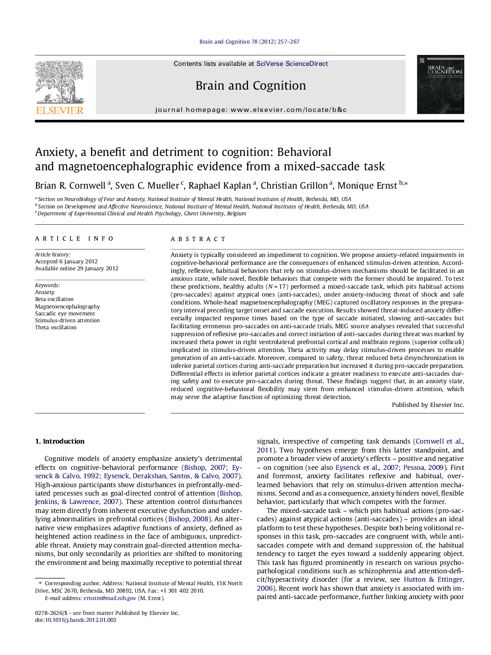 Anxiety, a benefit and detriment to cognition: Behavioral and magnetoencephalographic evidence from a mixed-saccade task