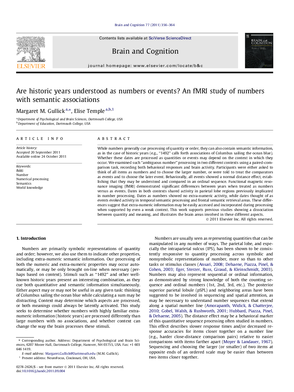 Are historic years understood as numbers or events? An fMRI study of numbers with semantic associations