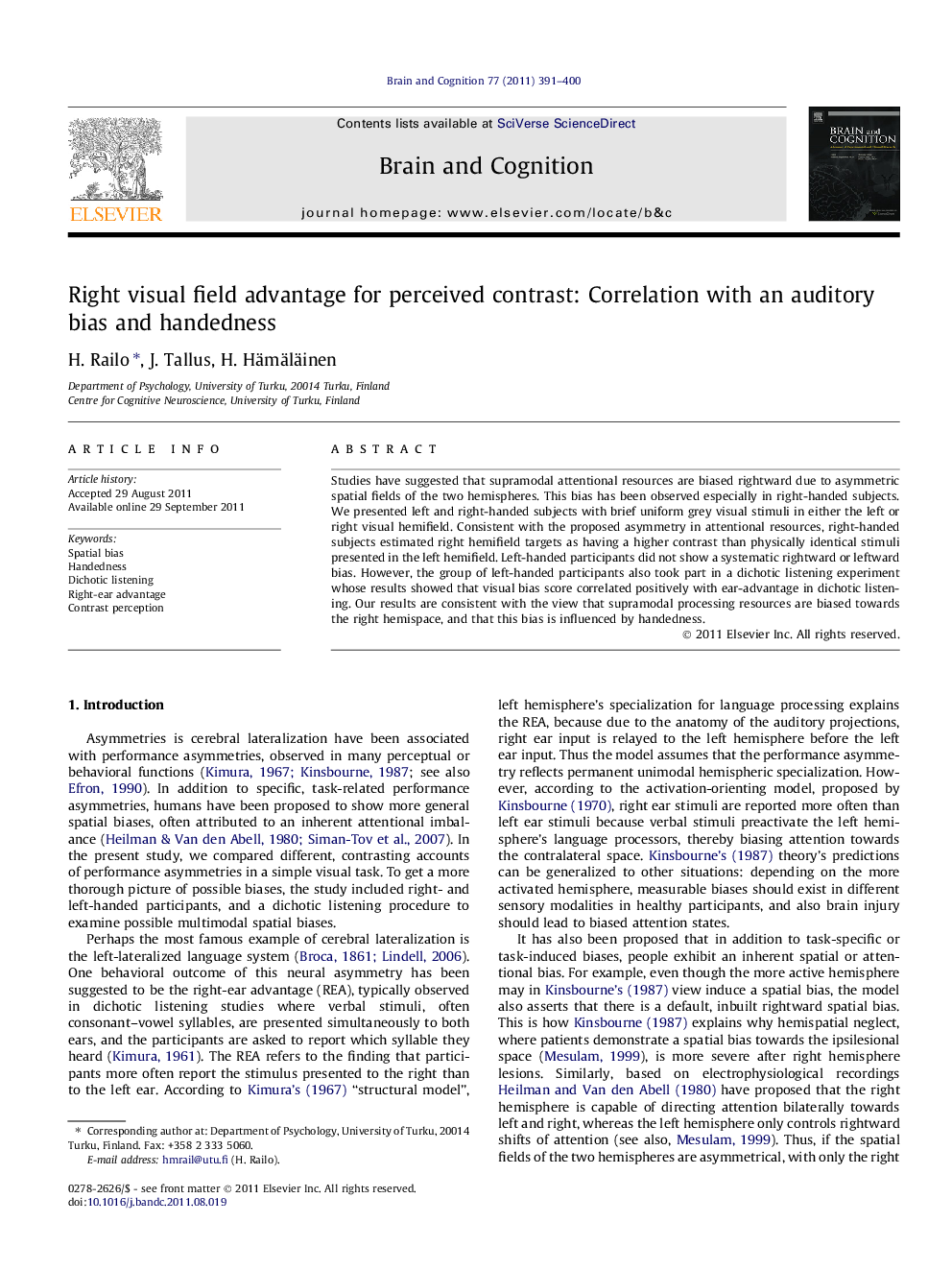 Right visual field advantage for perceived contrast: Correlation with an auditory bias and handedness