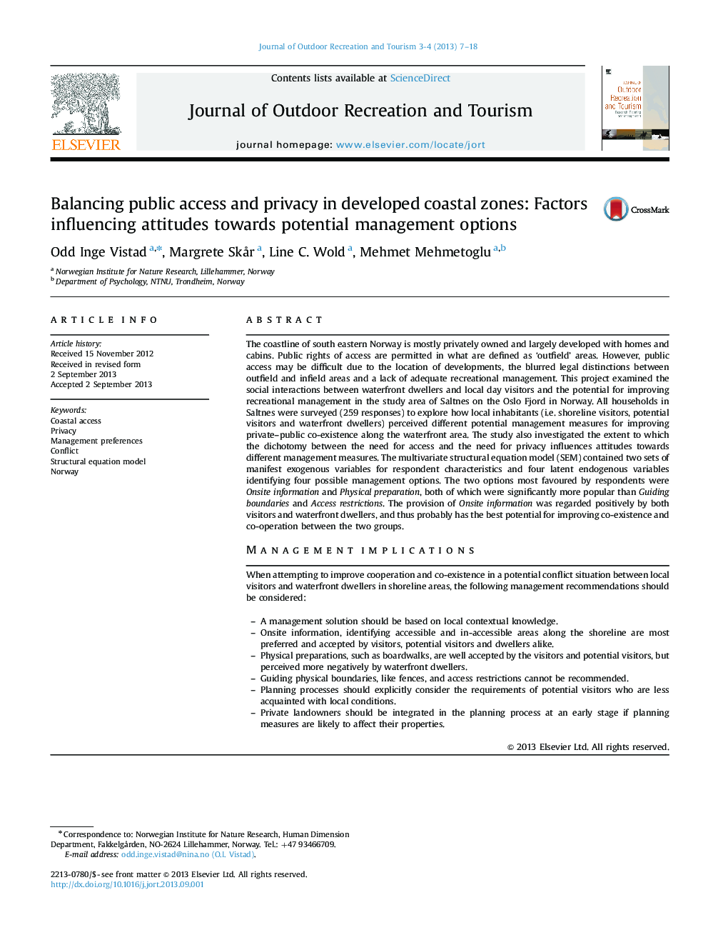 عکس صفحه اول مقاله: Balancing public access and privacy in developed coastal zones: Factors influencing attitudes towards potential management options Balancing public access and privacy in developed coastal zones: Factors influencing attitudes towards potential management options
