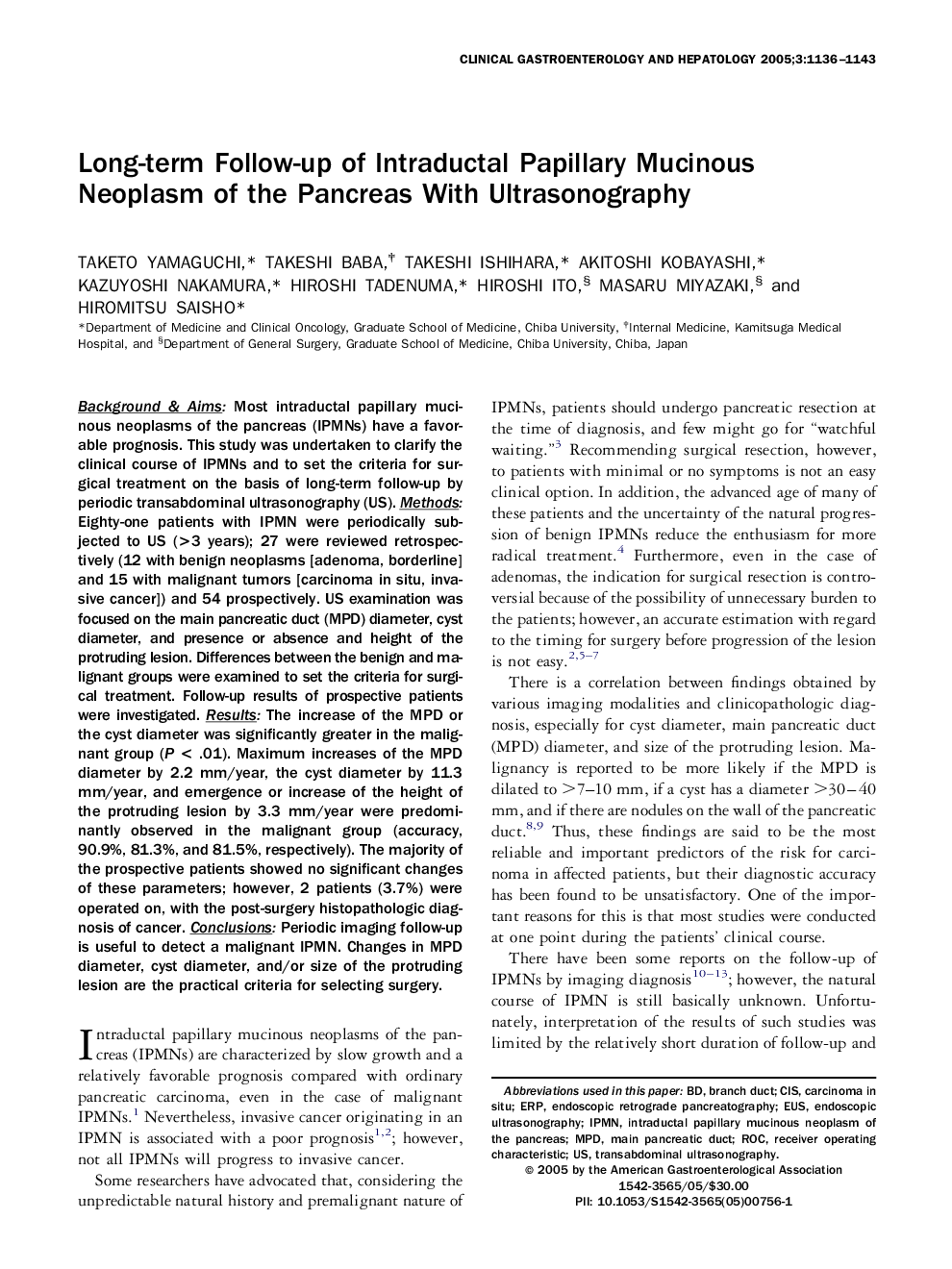 Long-term Follow-up of Intraductal Papillary Mucinous Neoplasm of the Pancreas With Ultrasonography