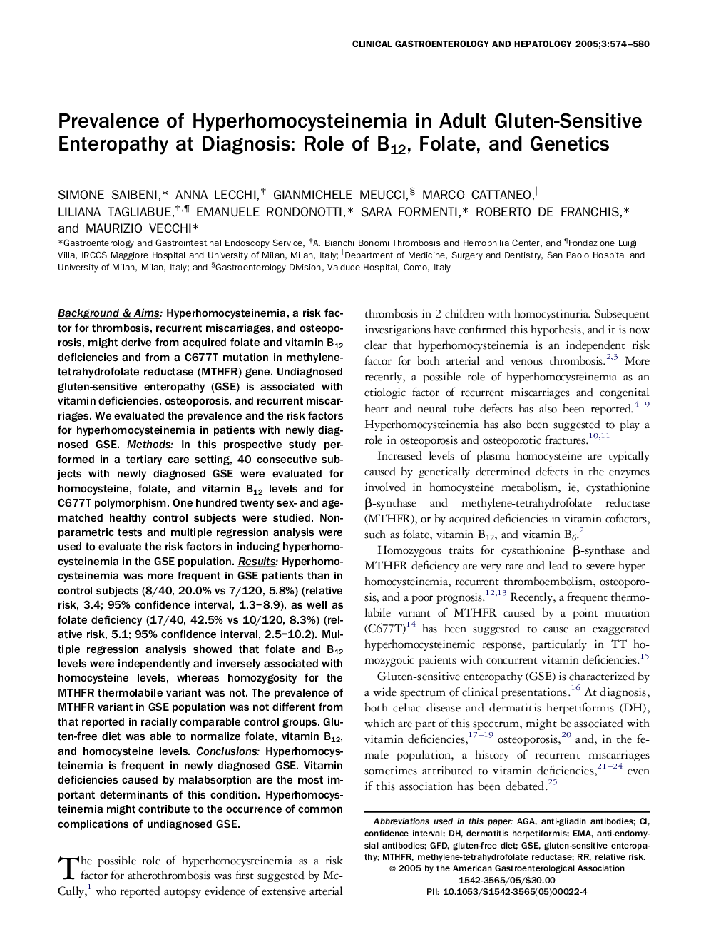 Prevalence of Hyperhomocysteinemia in Adult Gluten-Sensitive Enteropathy at Diagnosis: Role of B12, Folate, and Genetics