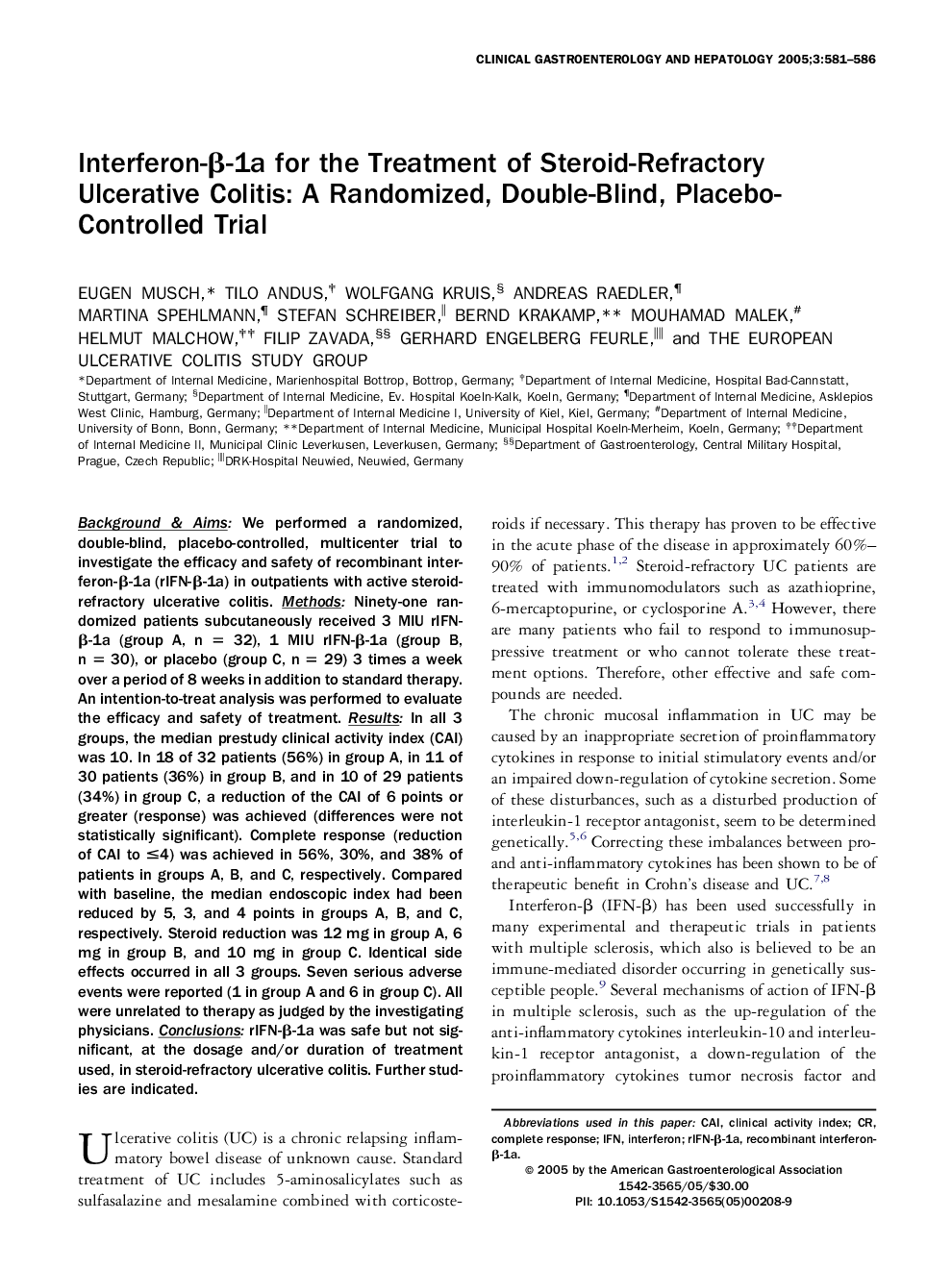 Interferon-Î²-1a for the Treatment of Steroid-Refractory Ulcerative Colitis: A Randomized, Double-Blind, Placebo-Controlled Trial