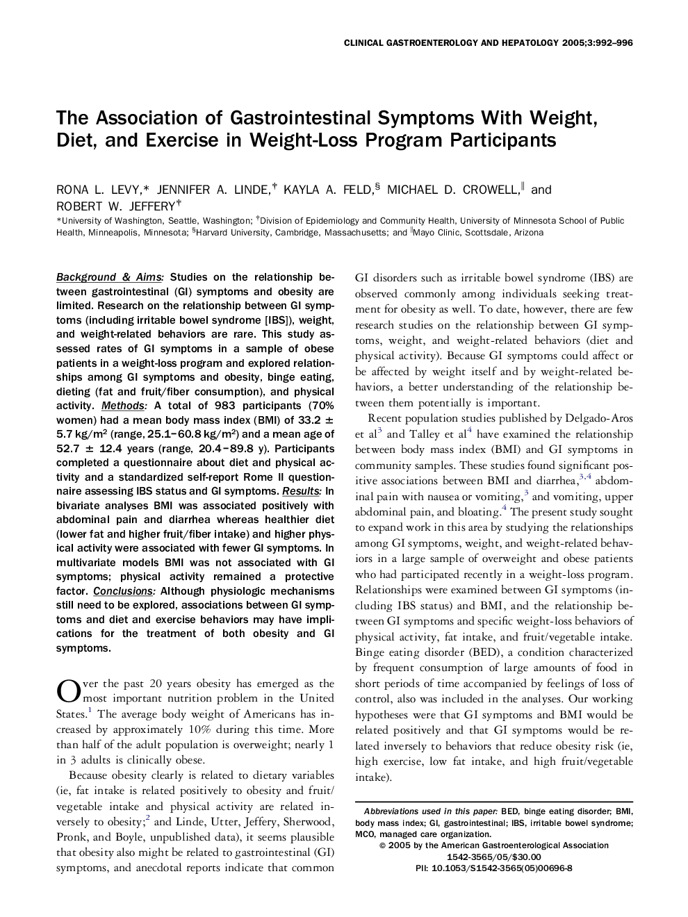 The Association of Gastrointestinal Symptoms With Weight, Diet, and Exercise in Weight-Loss Program Participants