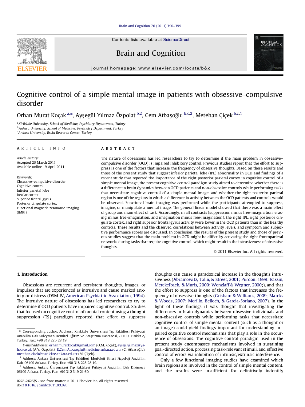 Cognitive control of a simple mental image in patients with obsessive–compulsive disorder