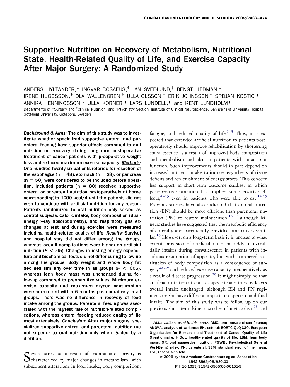 Supportive Nutrition on Recovery of Metabolism, Nutritional State, Health-Related Quality of Life, and Exercise Capacity After Major Surgery: A Randomized Study