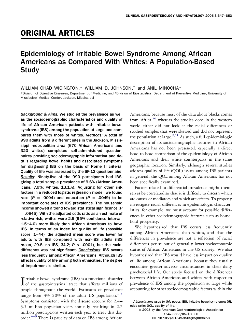 Epidemiology of Irritable Bowel Syndrome Among African Americans as Compared With Whites: A Population-Based Study