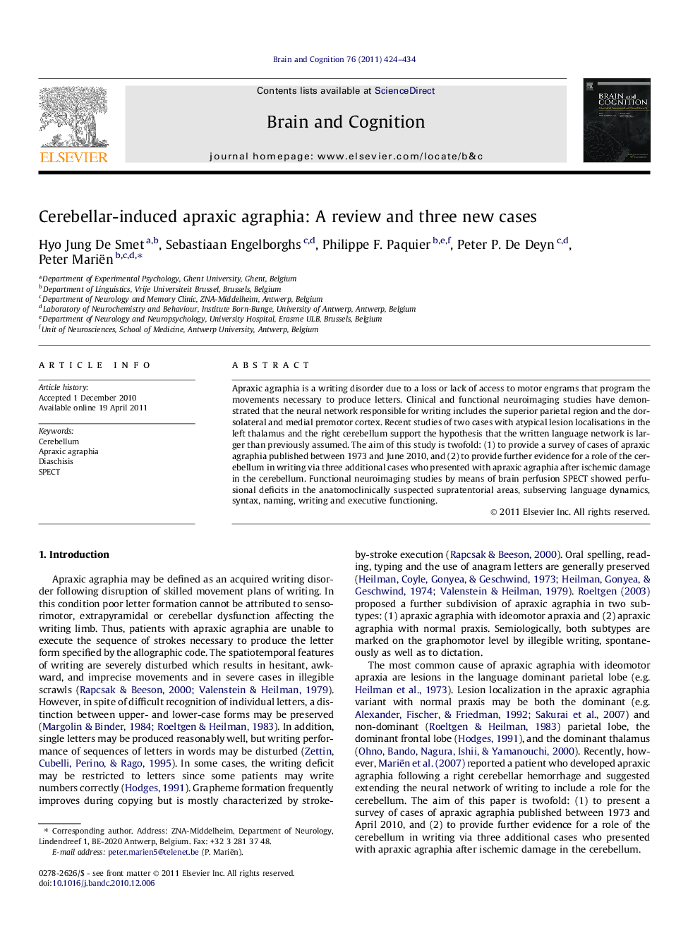 Cerebellar-induced apraxic agraphia: A review and three new cases