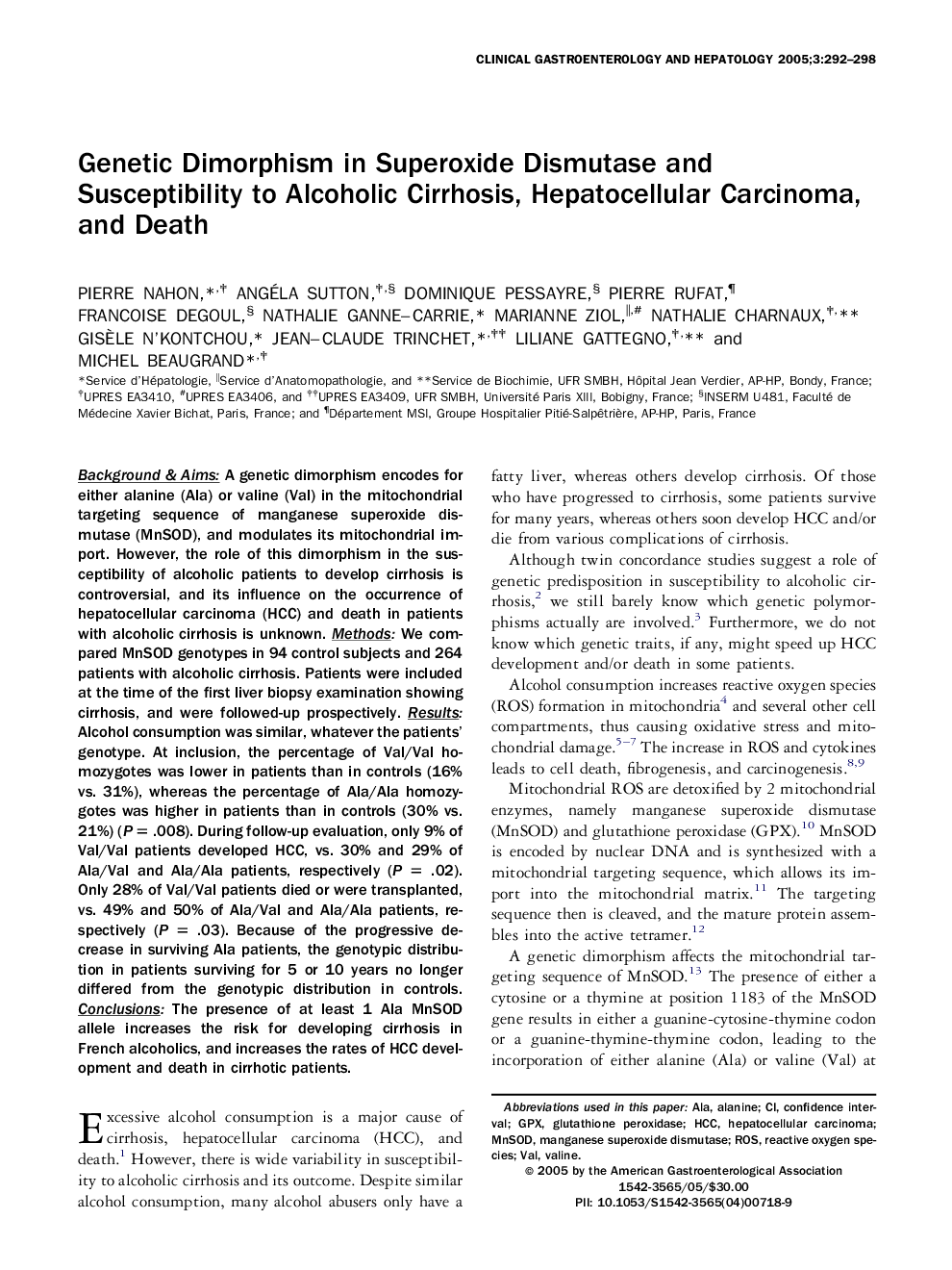 Genetic dimorphism in superoxide dismutase and susceptibility to alcoholic cirrhosis, hepatocellular carcinoma, and death