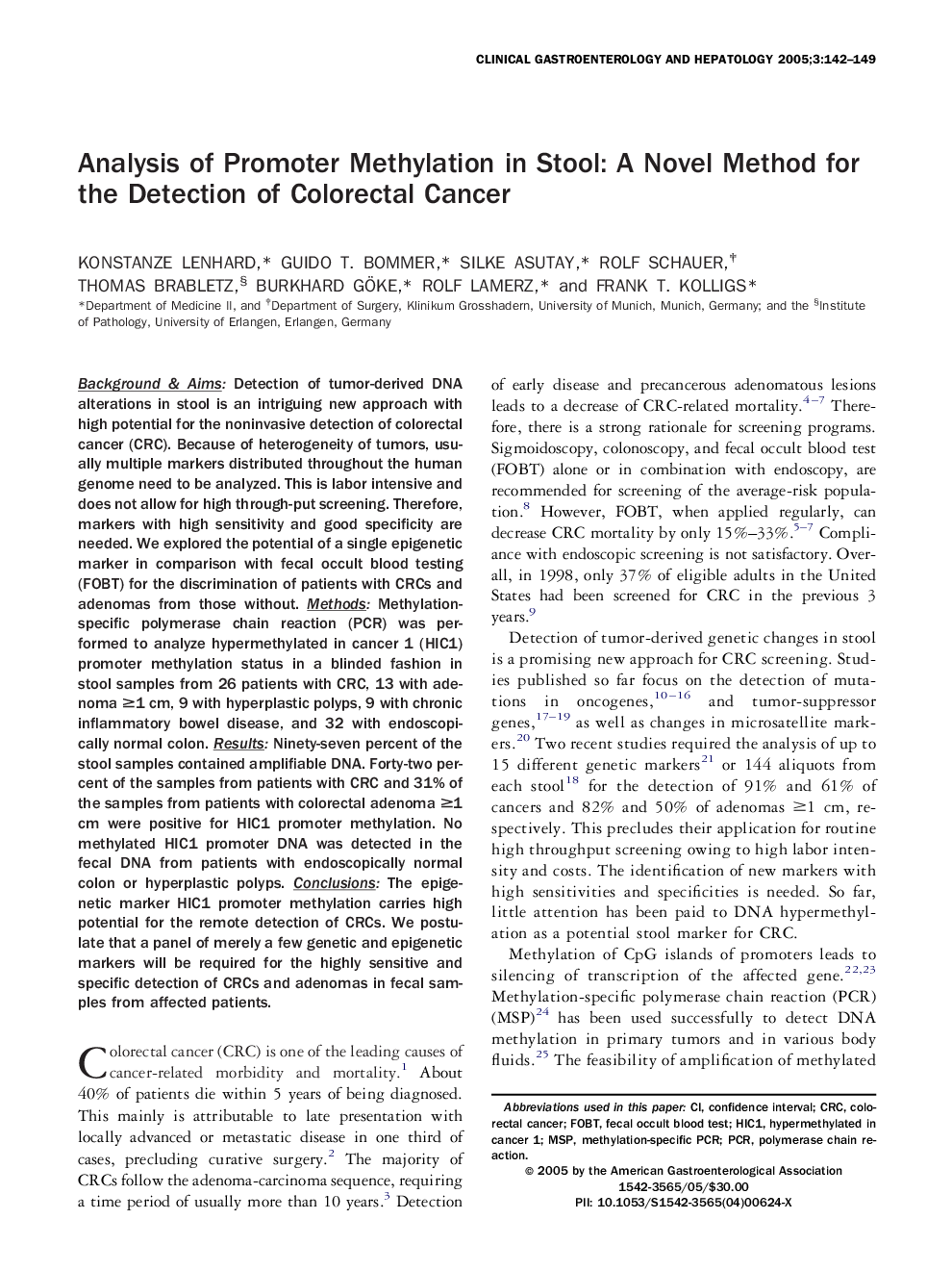 Analysis of promoter methylation in stool: A novel method for the detection of colorectal cancer