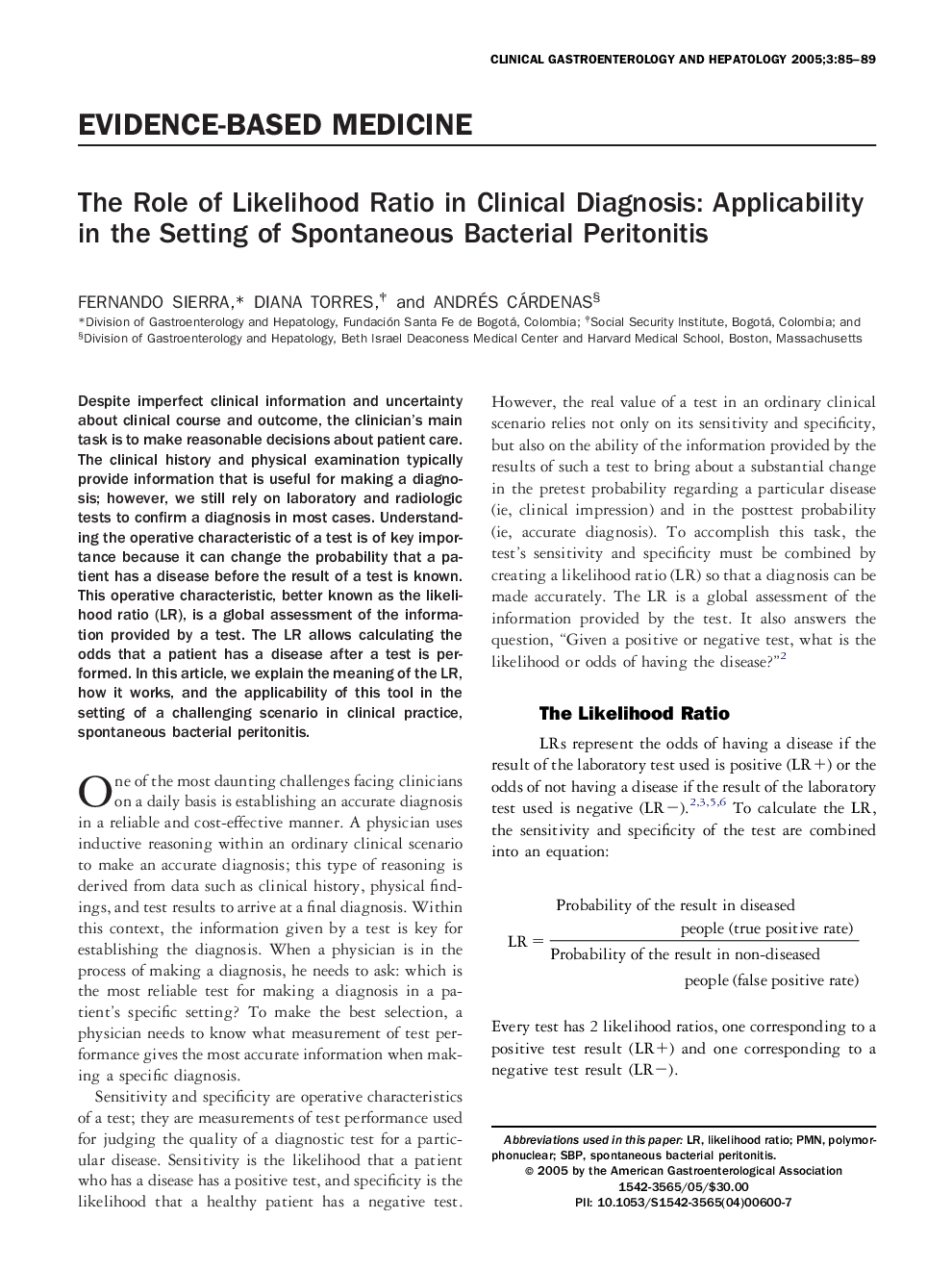 The role of likelihood ratio in clinical diagnosis: Applicability in the setting of spontaneous bacterial peritonitis