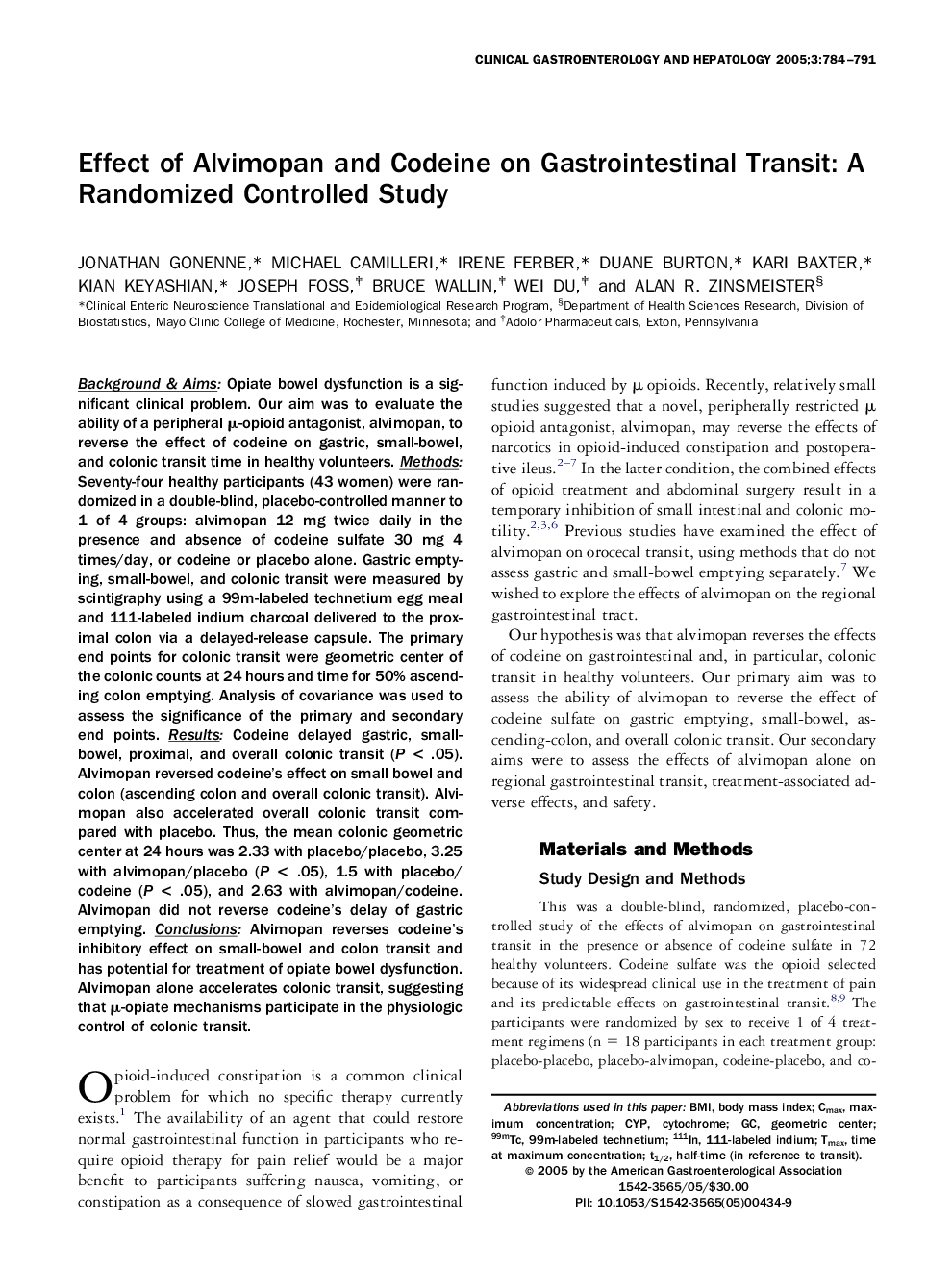 Effect of Alvimopan and Codeine on Gastrointestinal Transit: A Randomized Controlled Study