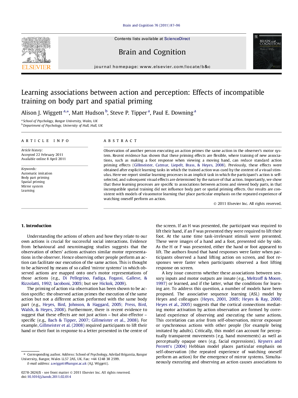 Learning associations between action and perception: Effects of incompatible training on body part and spatial priming