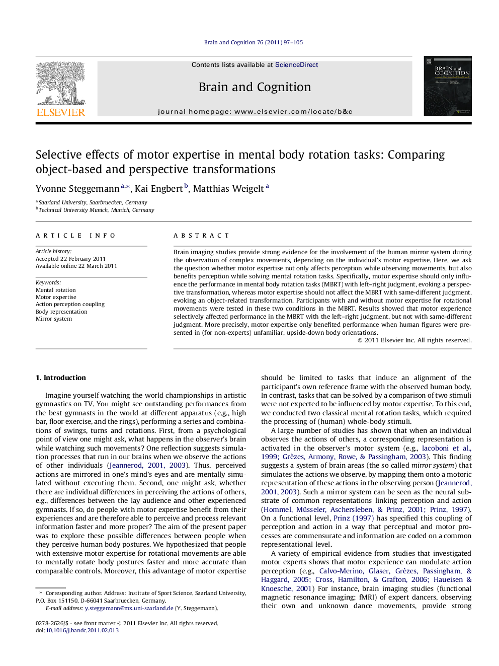 Selective effects of motor expertise in mental body rotation tasks: Comparing object-based and perspective transformations