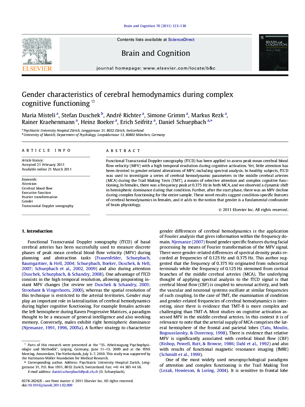 Gender characteristics of cerebral hemodynamics during complex cognitive functioning 