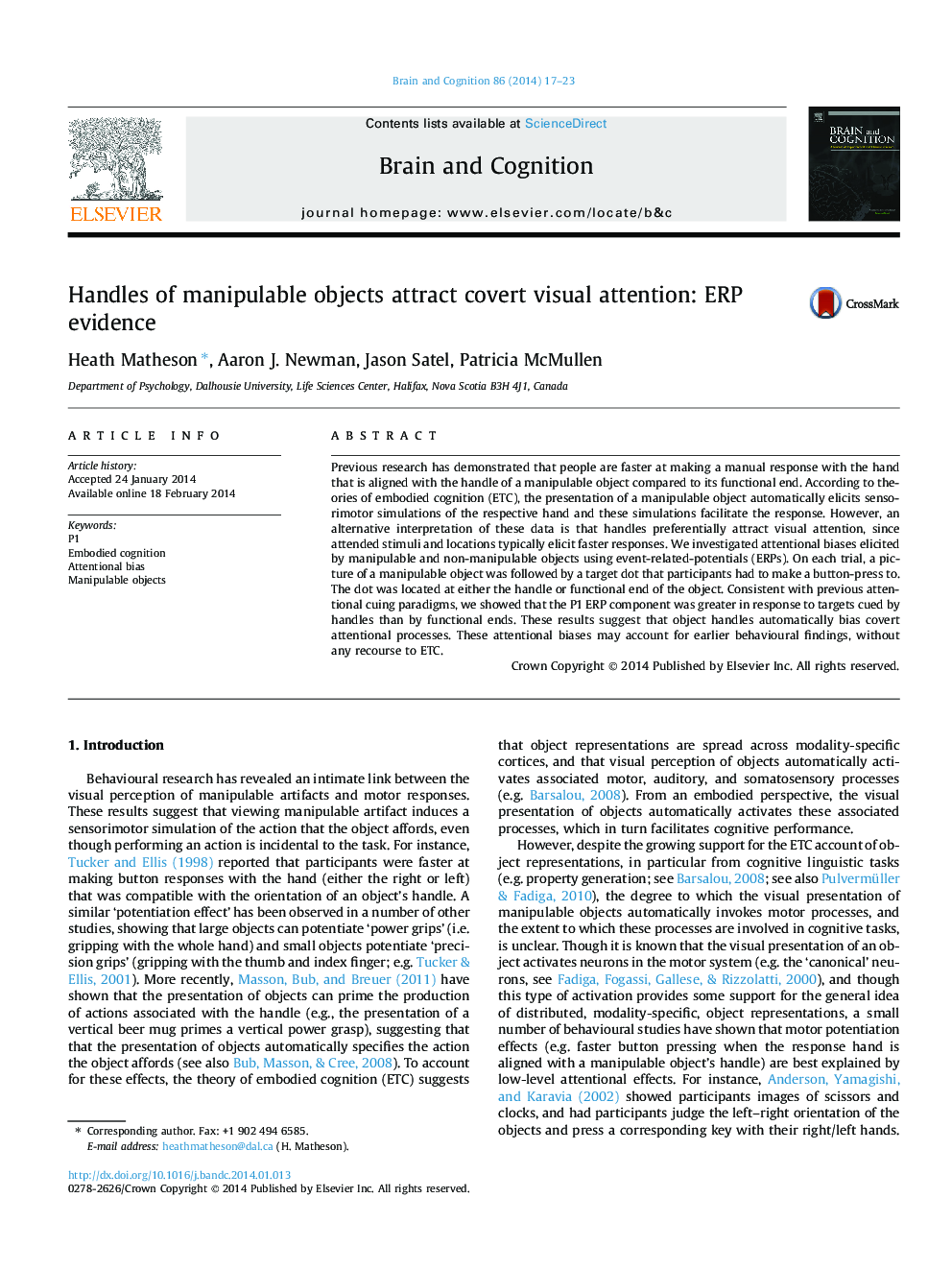 Handles of manipulable objects attract covert visual attention: ERP evidence