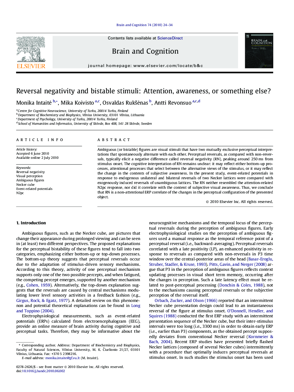 Reversal negativity and bistable stimuli: Attention, awareness, or something else?