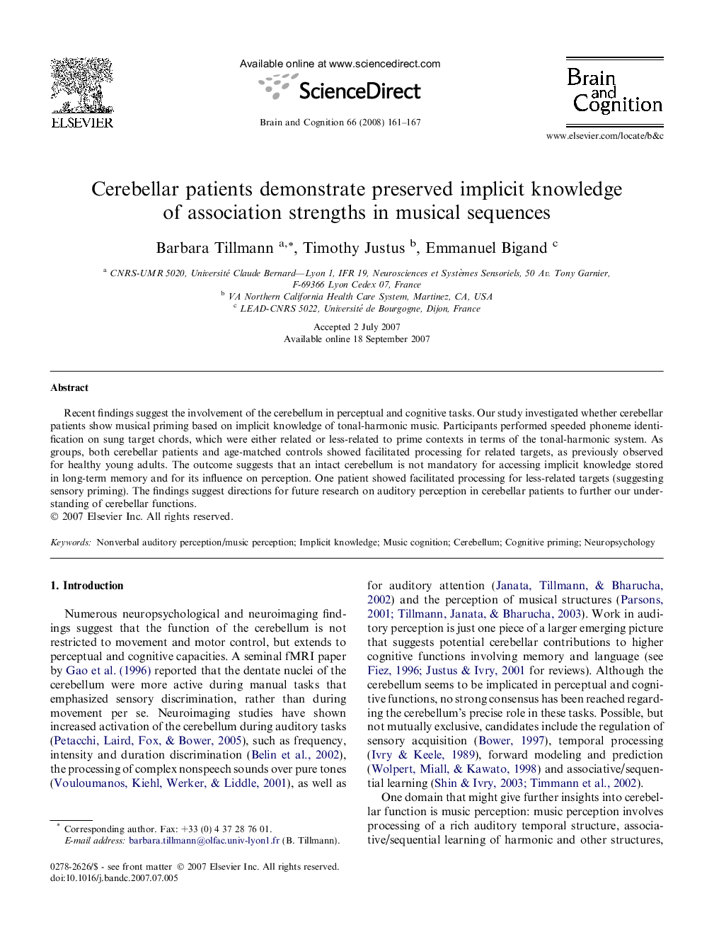 Cerebellar patients demonstrate preserved implicit knowledge of association strengths in musical sequences